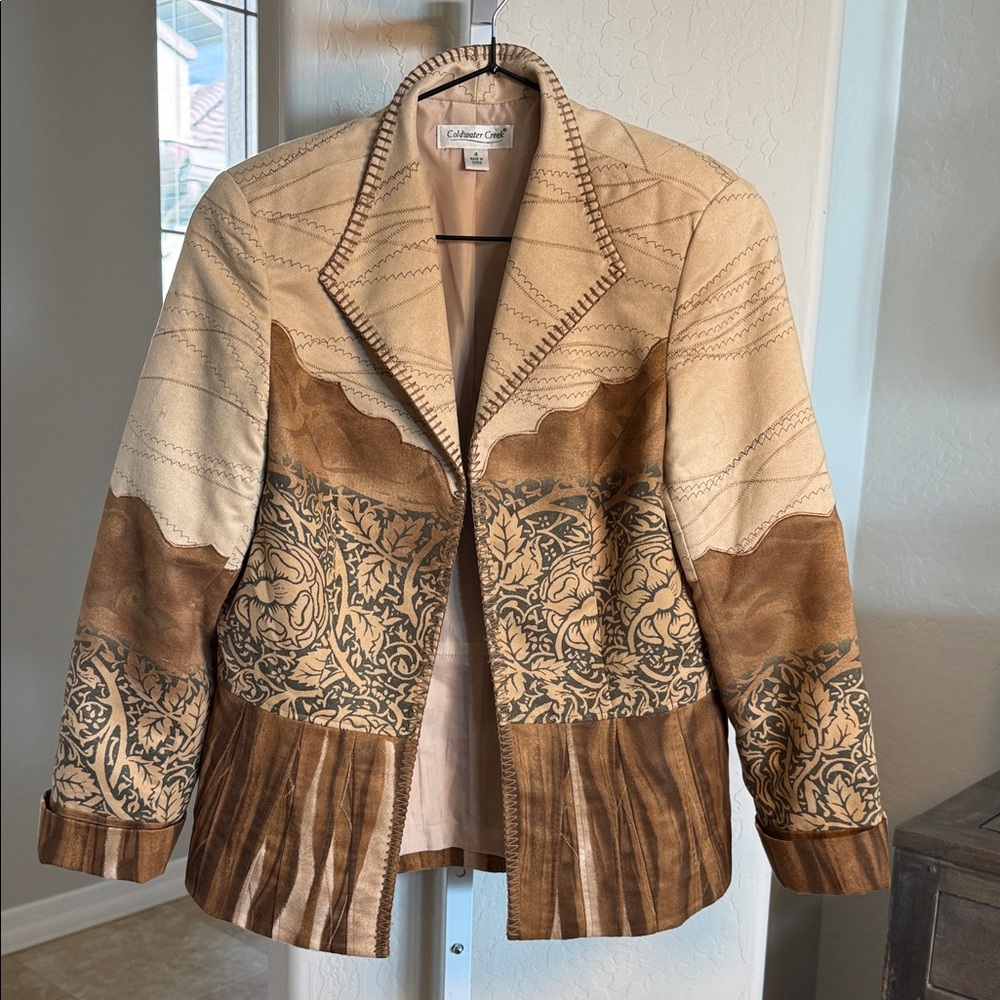 Coldwater Creek Faux Suede Tan and Brown Patchwork Patterned Blazer open front